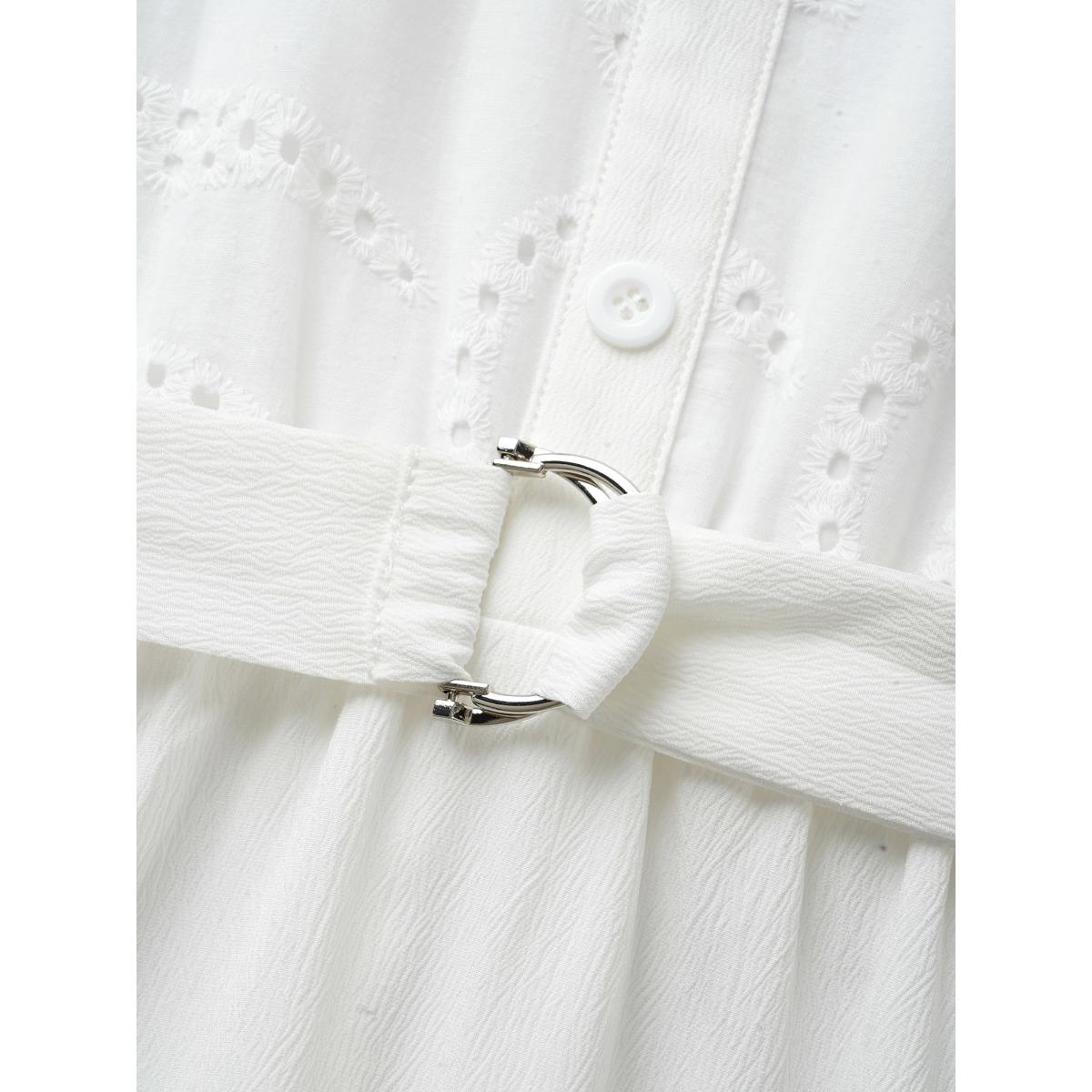 Plus Size Broderie Anglaise Shirt Collar Belted Dress Originalwhite Women Work From Home Belted Shirt collar Short sleeve Curvy BloomChic 22-24/3X Product Image
