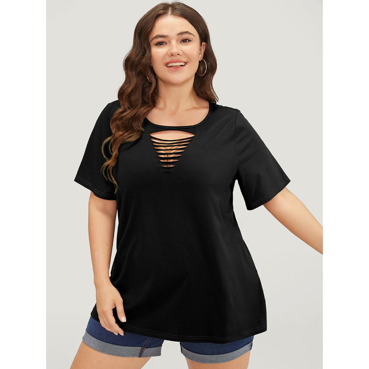 Plus Size Plain Cut Out Short Sleeve T-shirt Black Women Casual Cut-Out Plain Round Neck Dailywear T-shirts BloomChic 12/L Product Image
