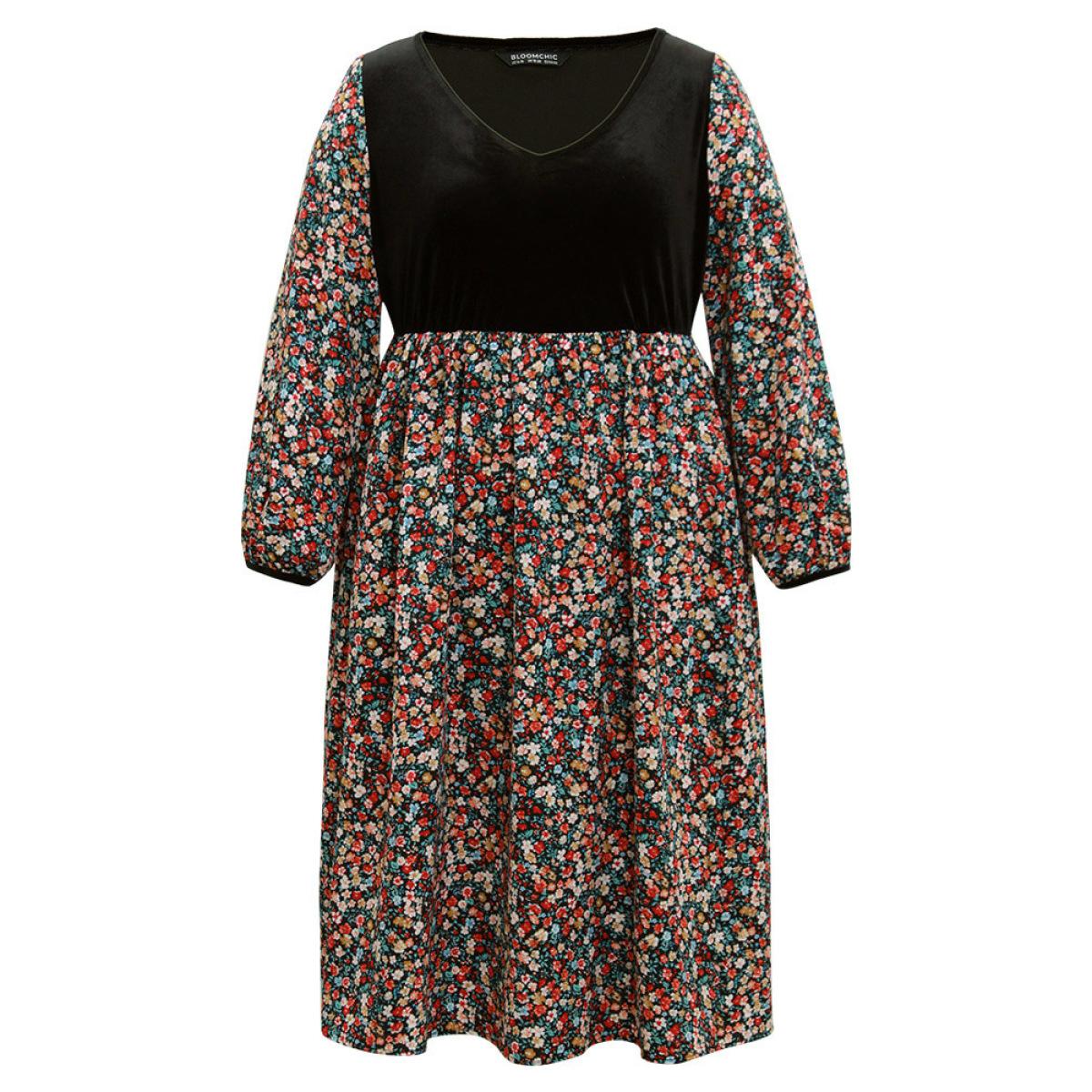 Plus Size Ditsy Floral Velvet Patchwork Lantern Sleeve Dress Multicolor Women Vacation Elastic cuffs V-neck Long Sleeve Curvy Midi Dress BloomChic 12/L Product Image