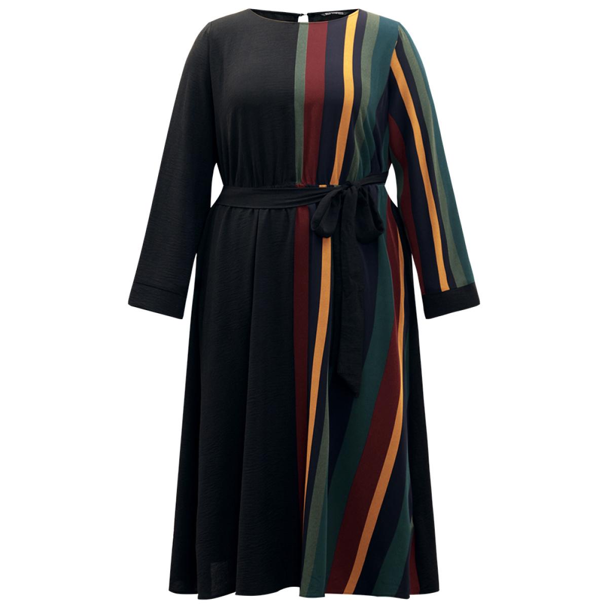 Plus Size Striped Pocket Patchwork Belted Elastic Waist Dress Black Women Office Belted Round Neck Long Sleeve Curvy Midi Dress BloomChic 14-16/1X Product Image