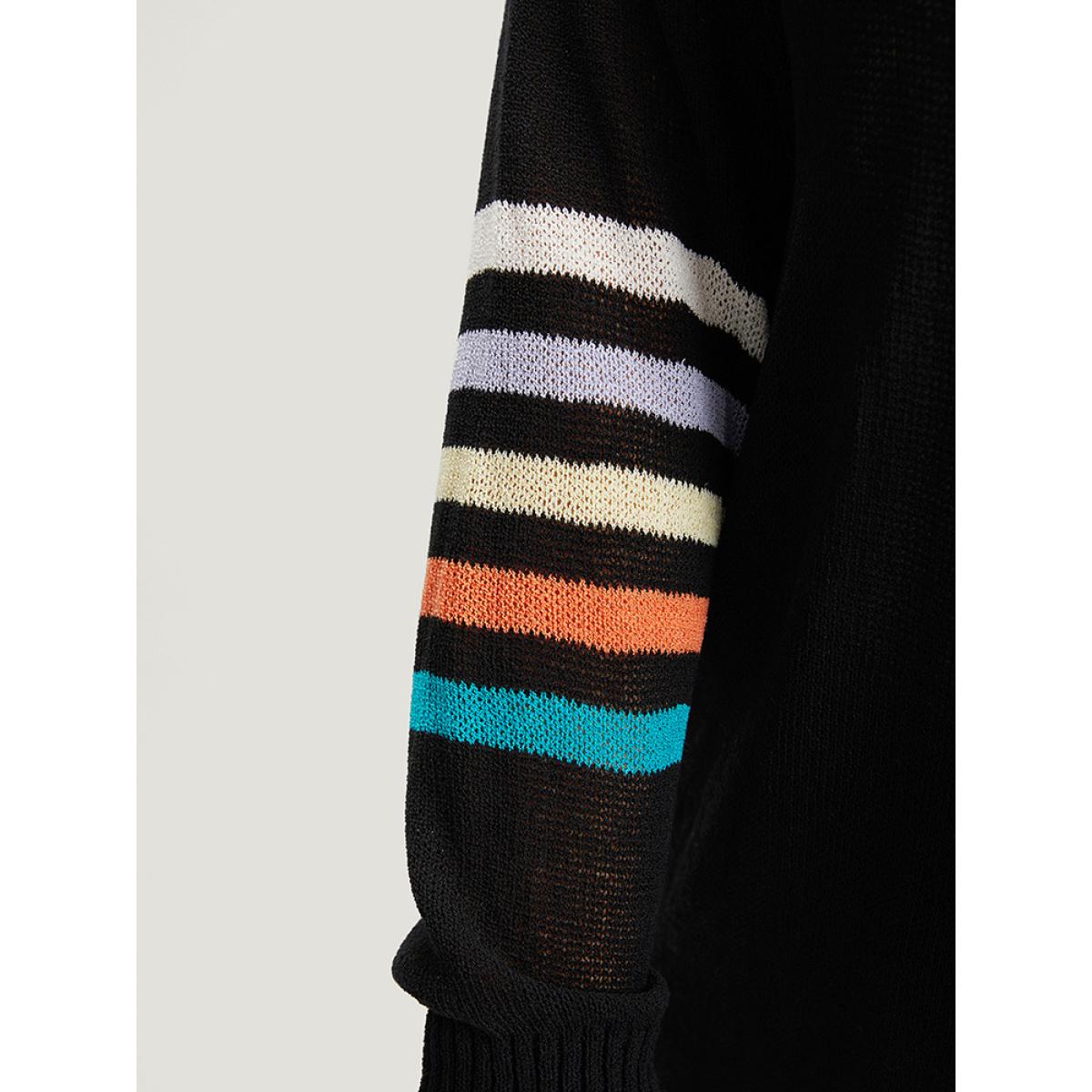 Plus Size Rainbow Striped Open Front Drop Shoulder Cardigan Black Women Casual Loose Long Sleeve Dailywear Cardigans BloomChic 12/L Product Image