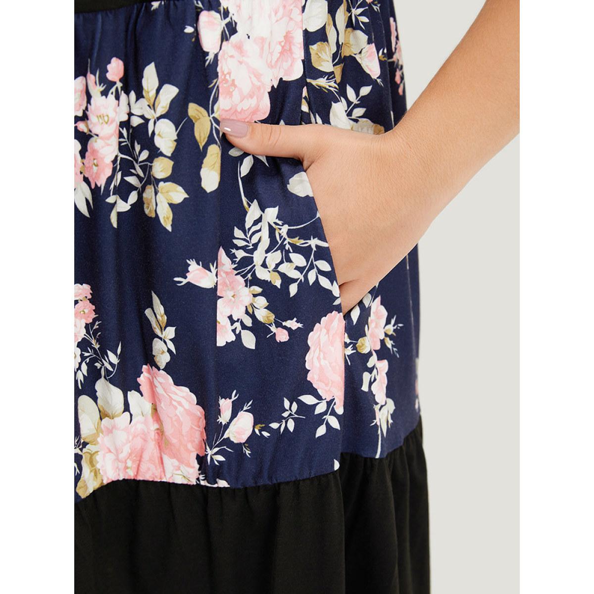 Plus Size Supersoft Essentials Floral Print Patchwork Pocket Tank Dress Black Women Casual Plain Round Neck Sleeveless Curvy Midi Dress BloomChic 26/4X Product Image