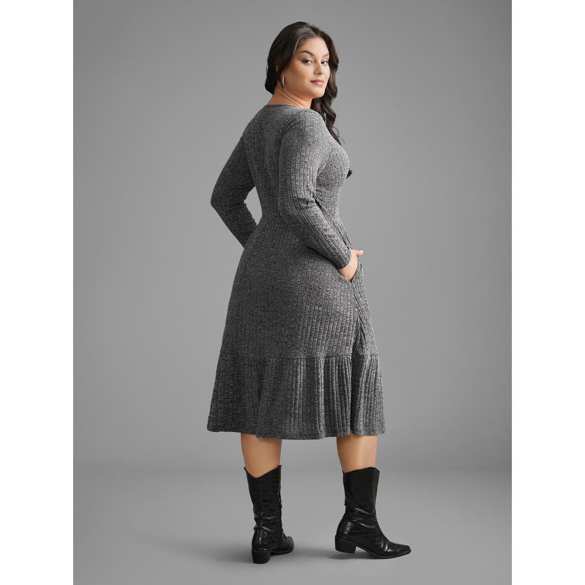 Plus Size Crew Neck Rib Knit Button Detail Dress DimGray Women Casual Texture Knit Dresses Bloomchic 28/5X Product Image