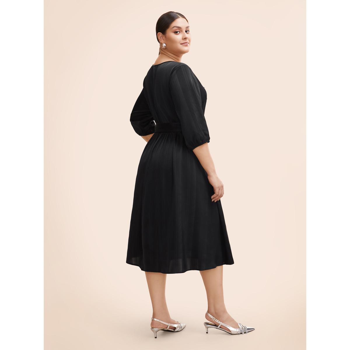Plus Size Texture Lantern Sleeve Belted Midi Dress Black Women Workwear Essentials Texture V-neck Elbow-length sleeve Curvy BloomChic 26/4X Product Image