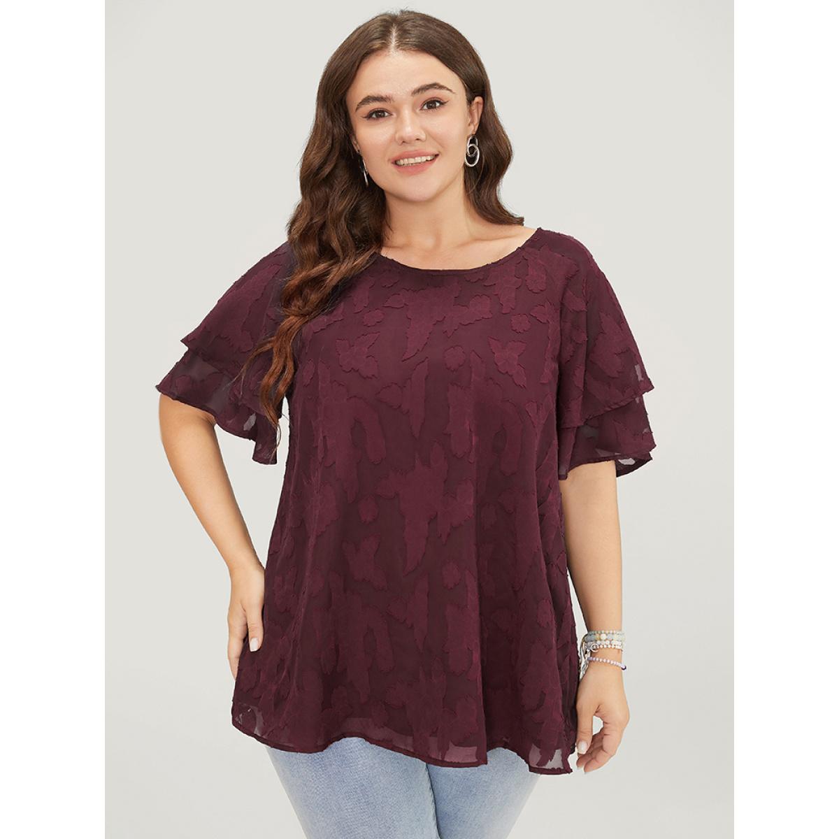 Plus Size Scarlet Floral Print Ruffle Tiered Raglan Sleeve Mesh Blouse Women Elegant Short sleeve Round Neck Everyday Blouses BloomChic 26/4X Product Image