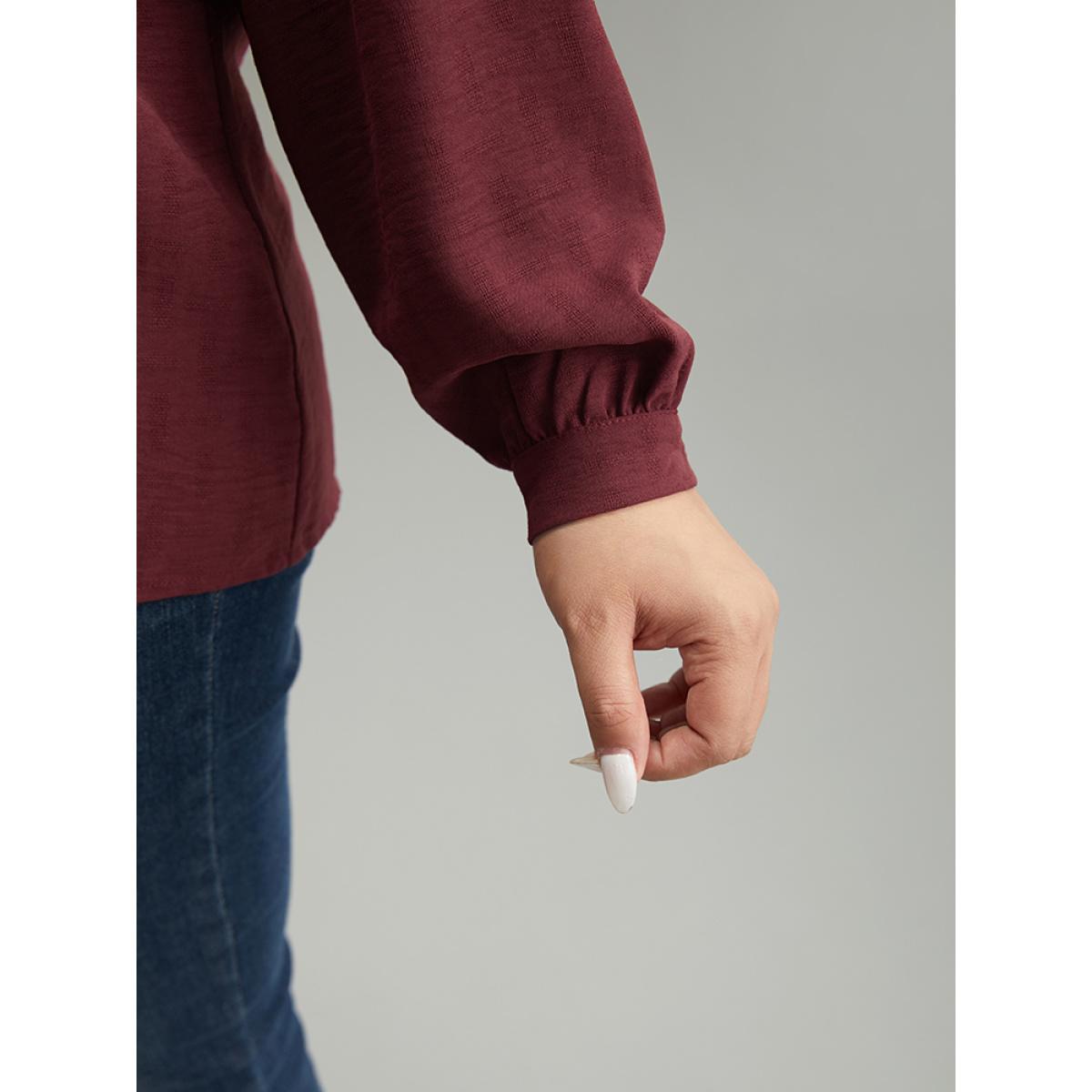 Plus Size Scarlet Stand Collar Solid Gathered Frill Trim Blouse Women Elegant Long Sleeve Stand-up collar Dailywear Blouses BloomChic 10/M Product Image