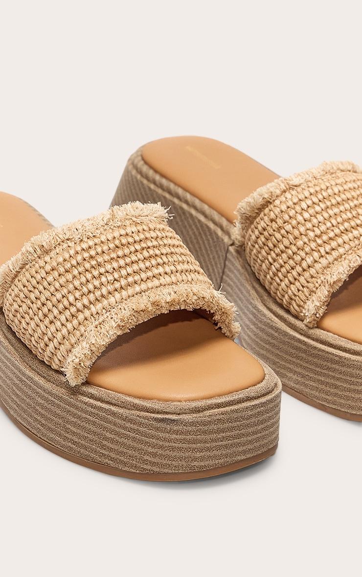 Natural Raffia Fake Stack Round Toe Flatform Sandals Product Image