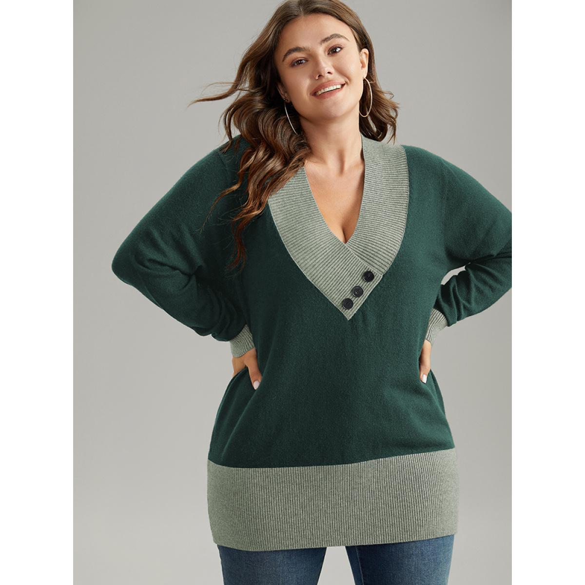 Plus Size Supersoft Essentials Contrast Deep V Neck Button Detail Pullover DarkGreen Women Casual Long Sleeve Deep V-neck Everyday Pullovers BloomChic 10/M Product Image