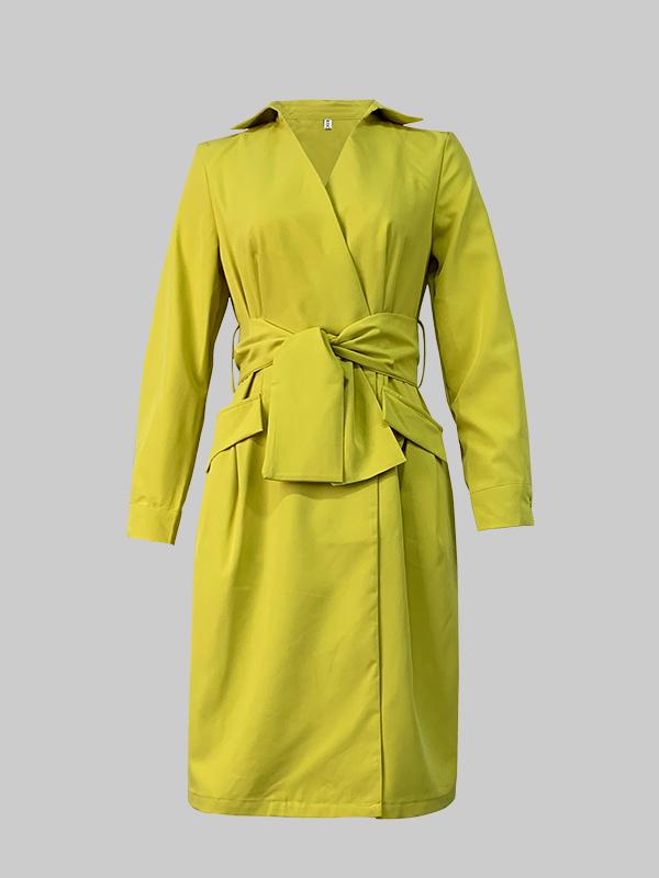 Long Sleeves Solid Color Tied Waist Deep V-Neck Mini Dresses Product Image