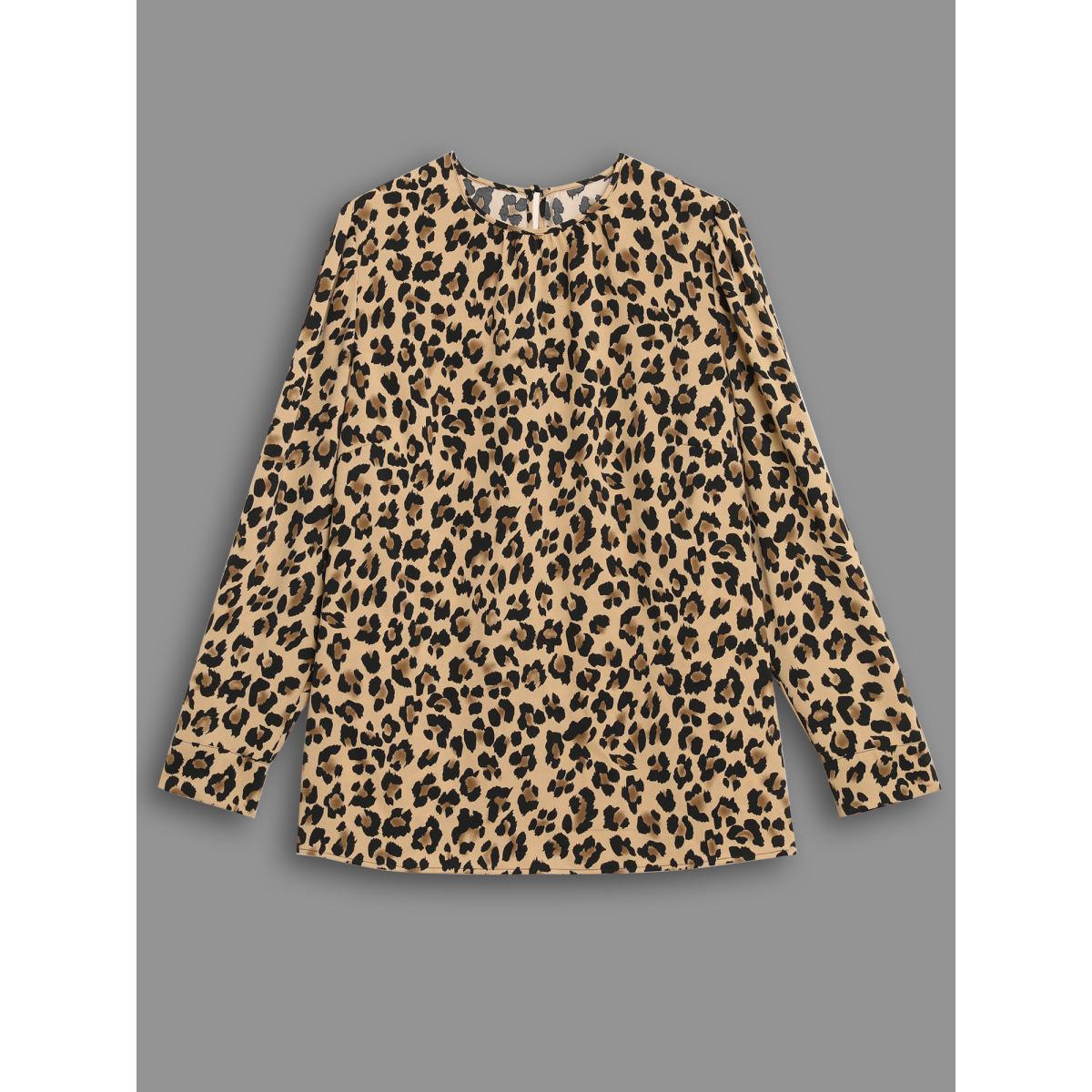 Plus Size LightBrown Leopard Print Mock Neck Gathered Blouse Women At the Office Long Sleeve Mock Neck Work Blouses BloomChic 22-24/3X Product Image