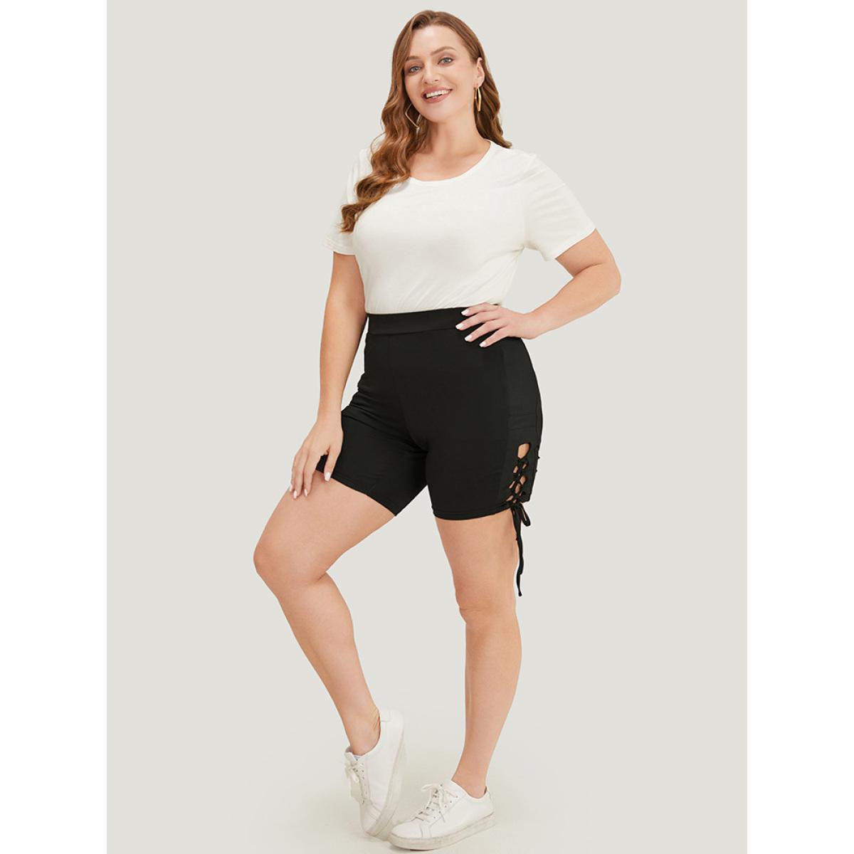 Plus Size Solid Cut Out Lace Up Shorts Women Black Casual High stretch Skinny High Rise Dailywear Leggings BloomChic 28/5X Product Image