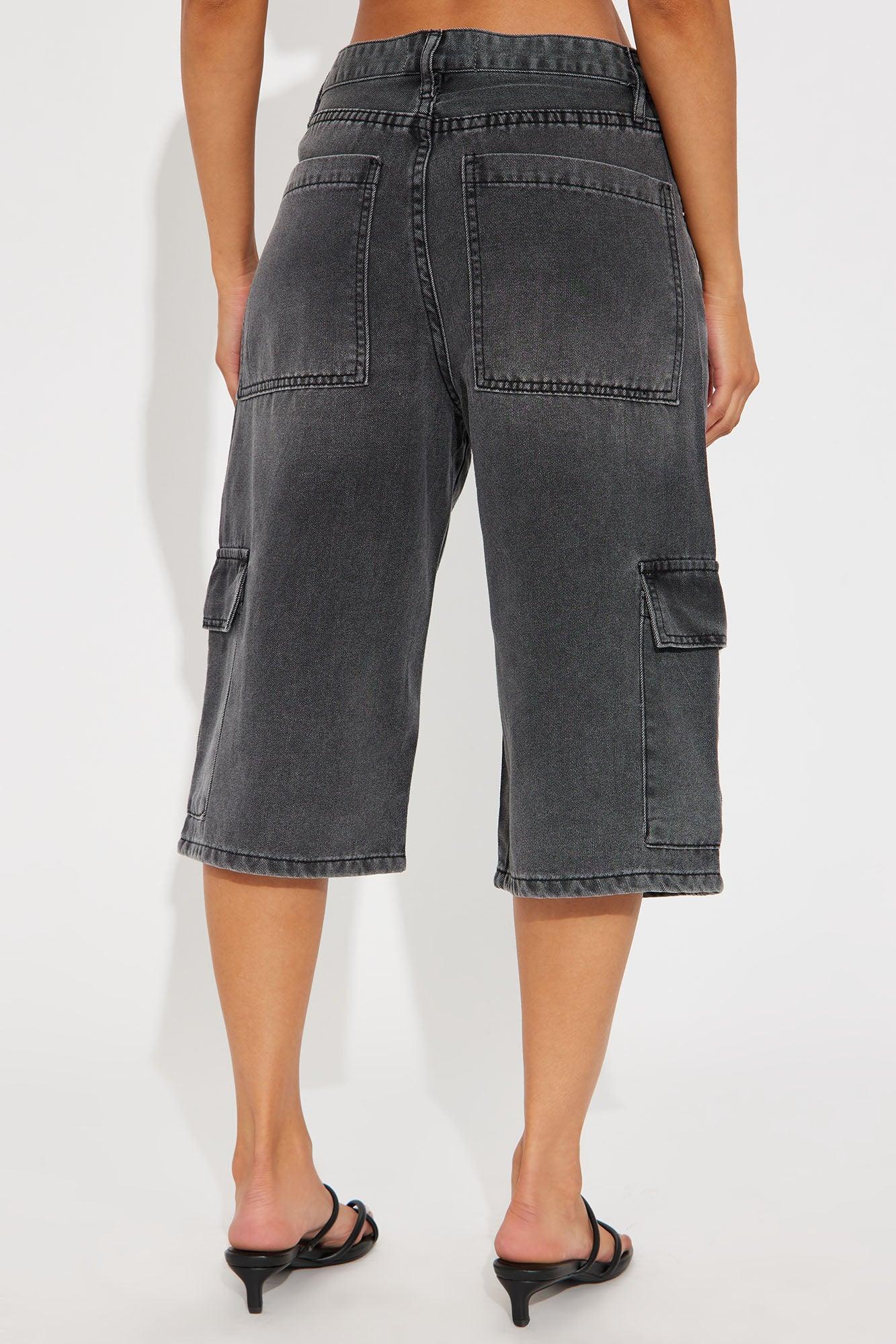 Tell The Truth Relaxed Cargo Denim Jorts - Black Wash Product Image