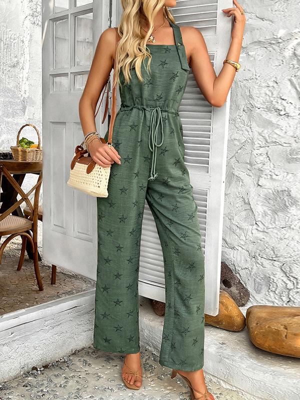 Sleeveless Buttoned Drawstring Pockets Printed Spaghetti-Neck Jumpsuits Product Image