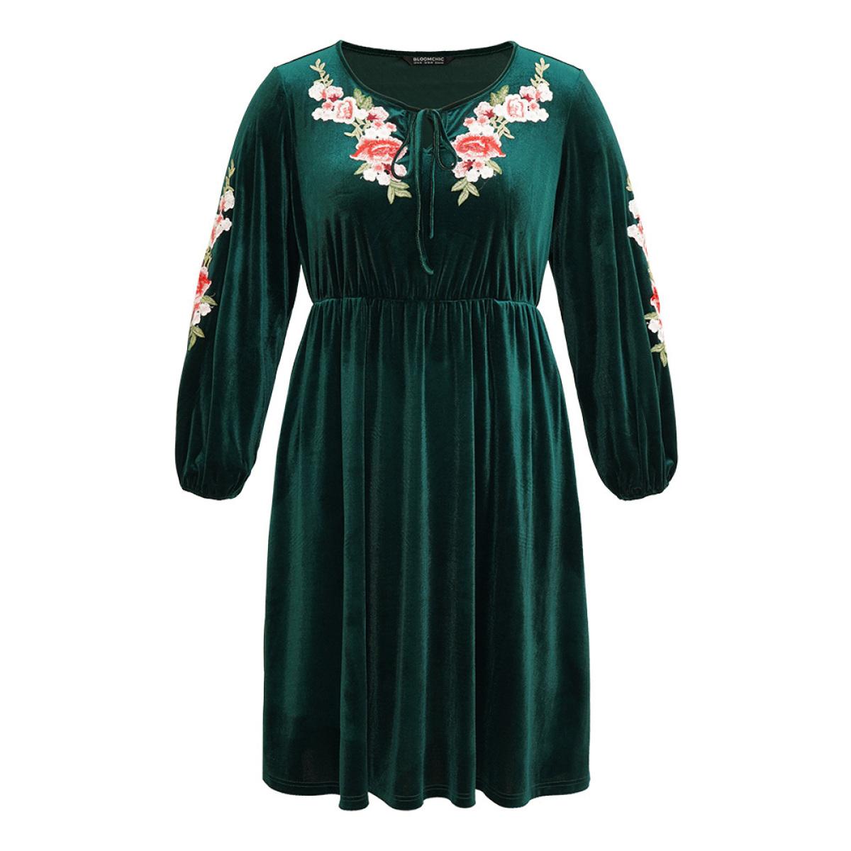 Plus Size Velvet Floral Ties Gathered Lantern Sleeve Dress DarkGreen Women Vacation Elastic cuffs Tie Neck Long Sleeve Curvy Midi Dress BloomChic 22-24/3X Product Image