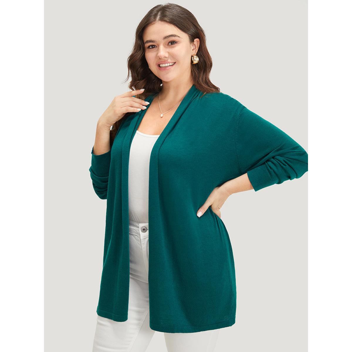 Plus Size Supersoft Essentials Plain Open Front Elastic Cuffs Cardigan Cyan Women Casual Long Sleeve Everyday Cardigans BloomChic 10/M Product Image