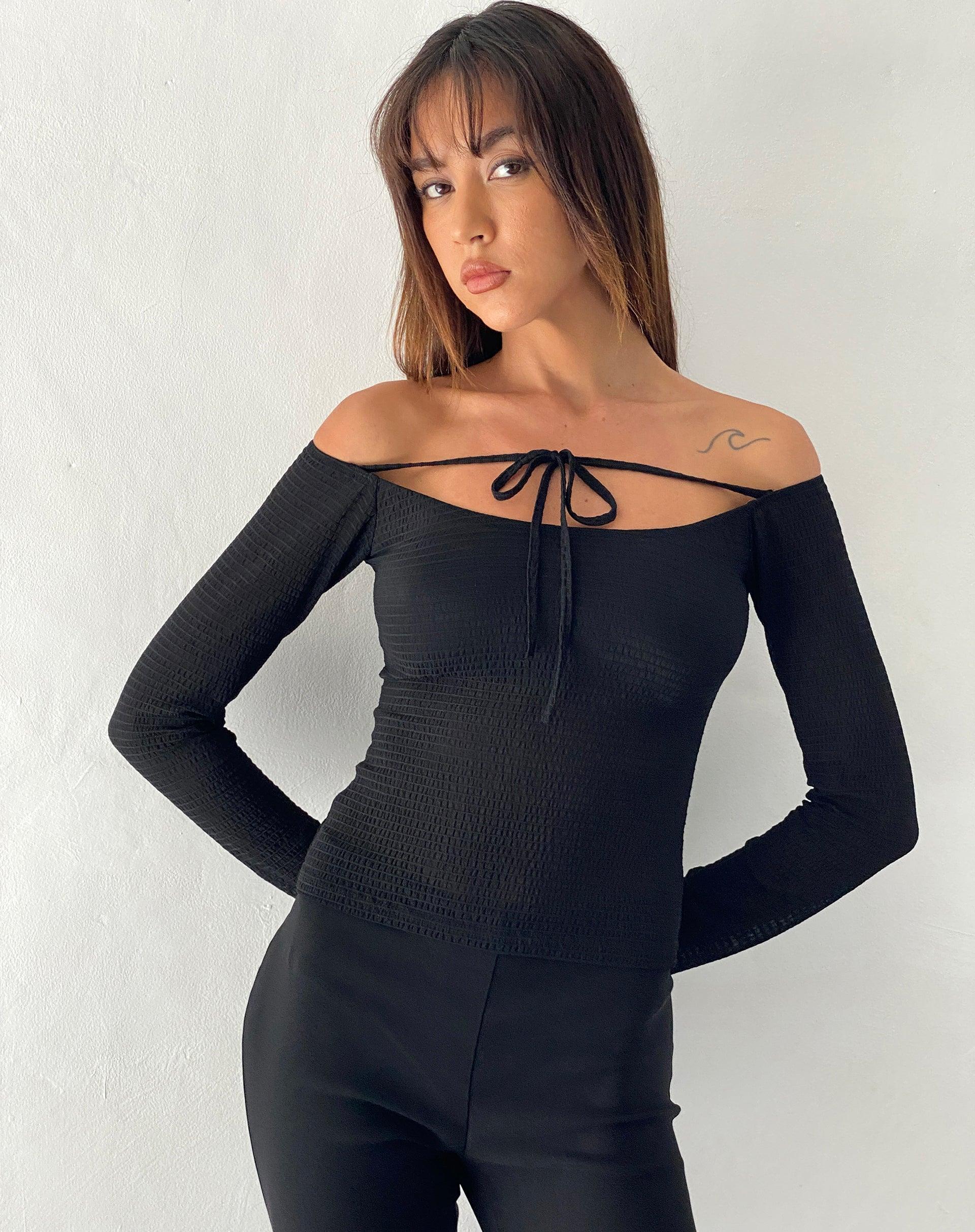 Alondra Long Sleeve Tie Front Top in Textured Black Female Product Image