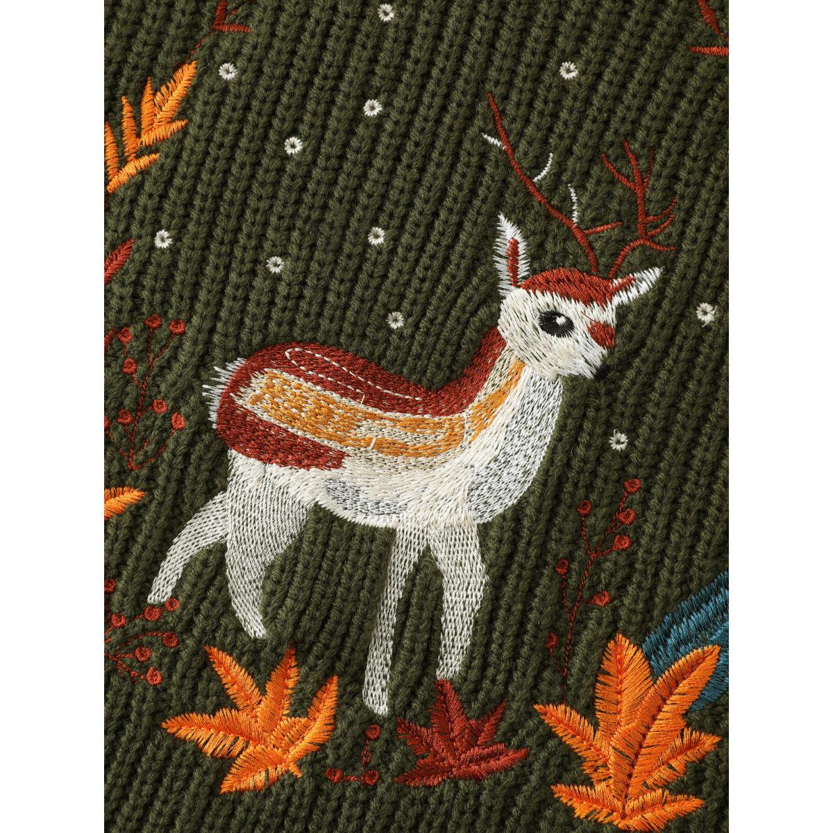 Plus Size Turtleneck Deer Embroidery Knit Pullover ArmyGreen Women Playful Loose Long Sleeve Turtleneck Casual Pullovers BloomChic 26/4X Product Image