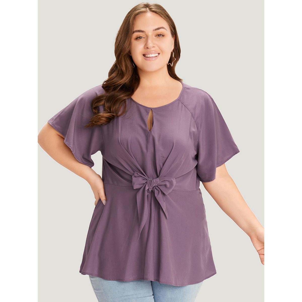 Plus Size Mauve Supersoft Essentials Plain Keyhole Twist Front Ruffle Blouse Women Elegant Short sleeve Round Neck Dailywear Blouses BloomChic 26/4X Product Image