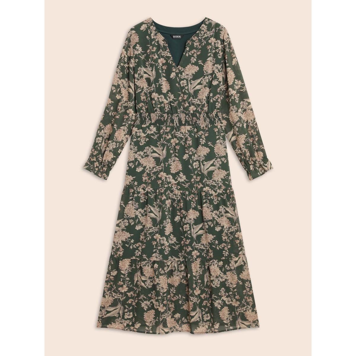 Plus Size Floral Shirred Ruffles See Through Dress ArmyGreen Women Elegant See through Flat collar with V-notch Long Sleeve Curvy BloomChic 30/6X Product Image