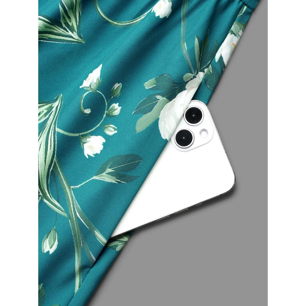 Plus Size Floral Print Lantern Sleeve Tiered Midi Dress Emerald Women Elegant Tie knot Heart neckline Elbow-length sleeve Curvy BloomChic 30/6X Product Image