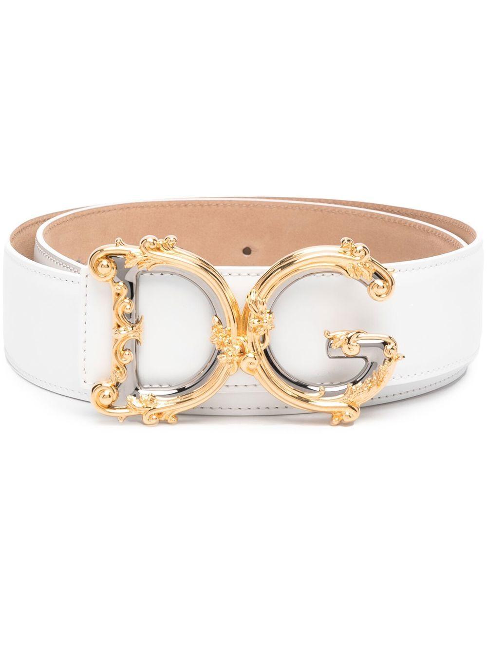 DOLCE & GABBANA Baroque Dg Logo Buckle Belt In Calf Leather In White Product Image