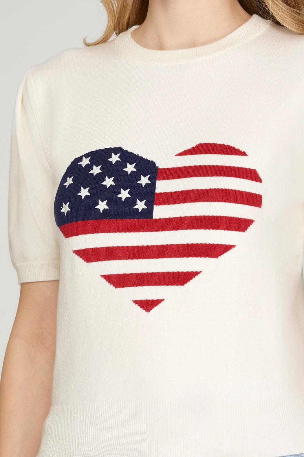SHORT SLEEVE HEART AMERICAN FLAG SWEATER TOP Product Image