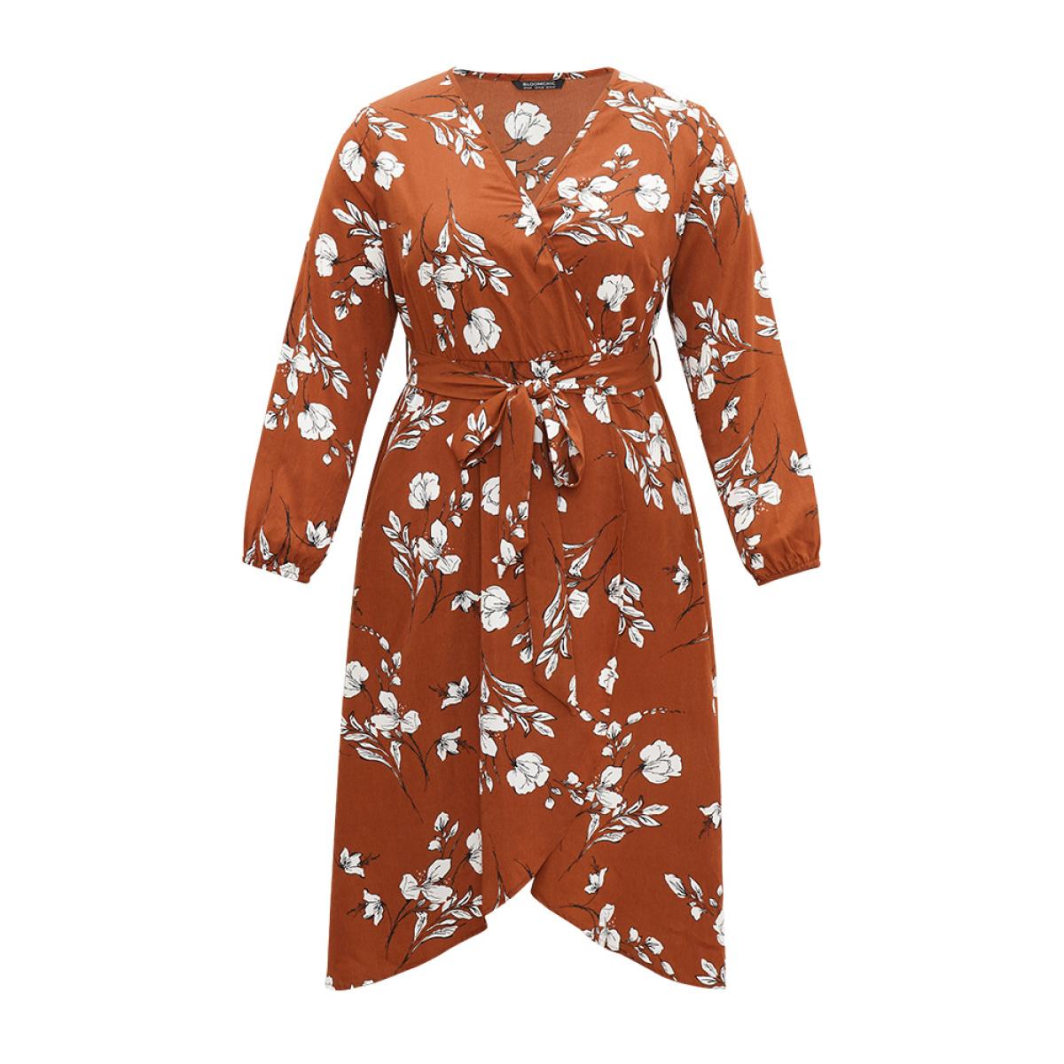 Plus Size Floral Print Wrap Hem Ties Dress Rust Women Elegant Elastic cuffs Overlap Collar Long Sleeve Curvy Midi Dress BloomChic 14-16/1X Product Image