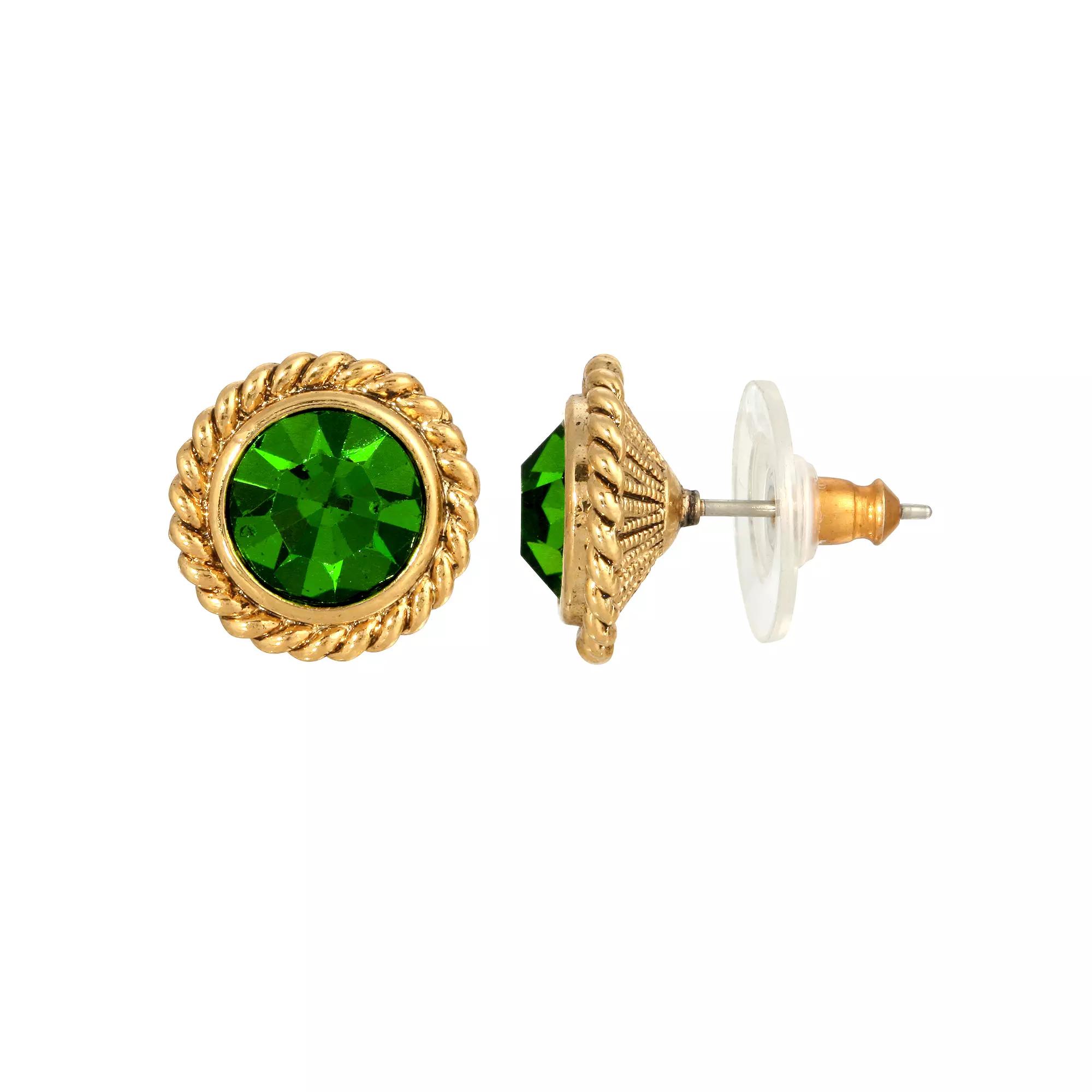 1928 Gold Tone & Green Round Button Stud Earrings, Women's Product Image
