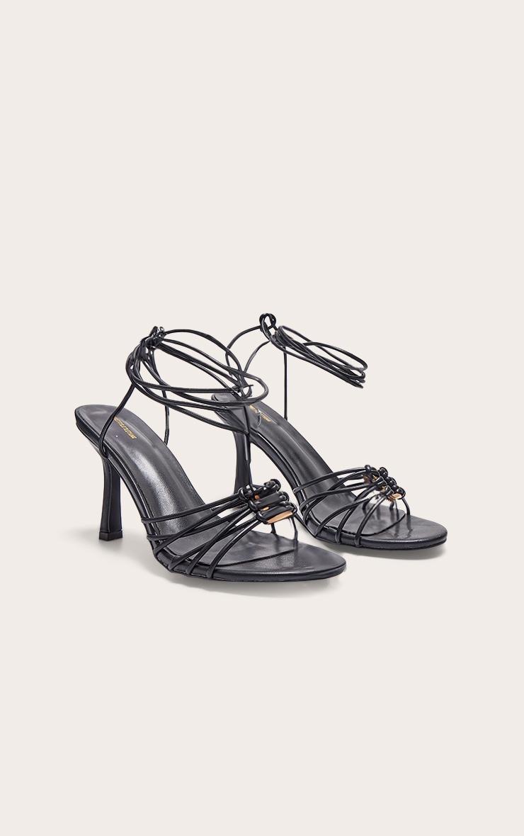 Black Pu Silver Buckle Round Toe Lace Up Heeled Sandals Product Image