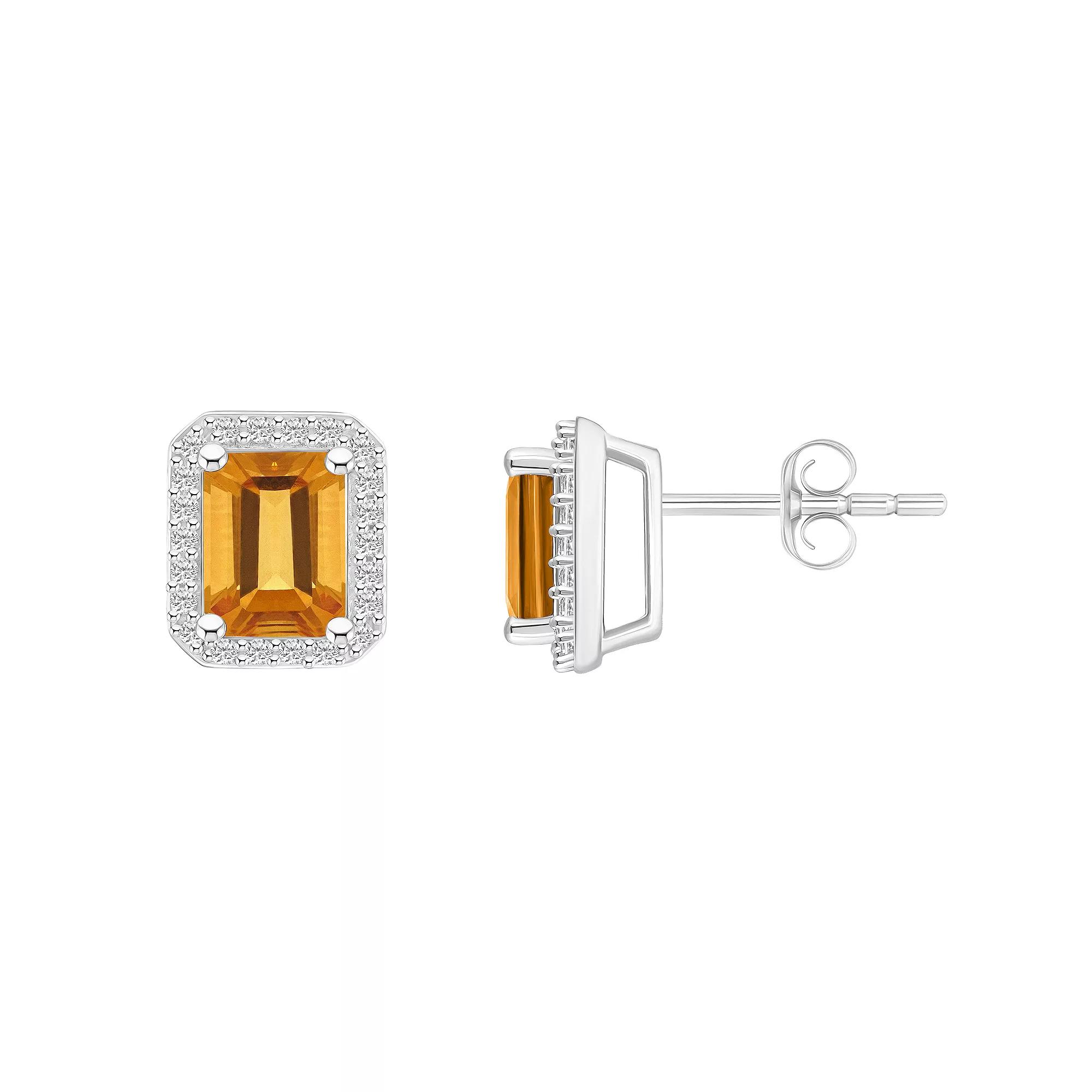 Celebration Gems 10k White Gold Emerald Cut Gemstone & Lab-Created White Sapphire Halo Stud Earrings, Women's, Citrine Product Image