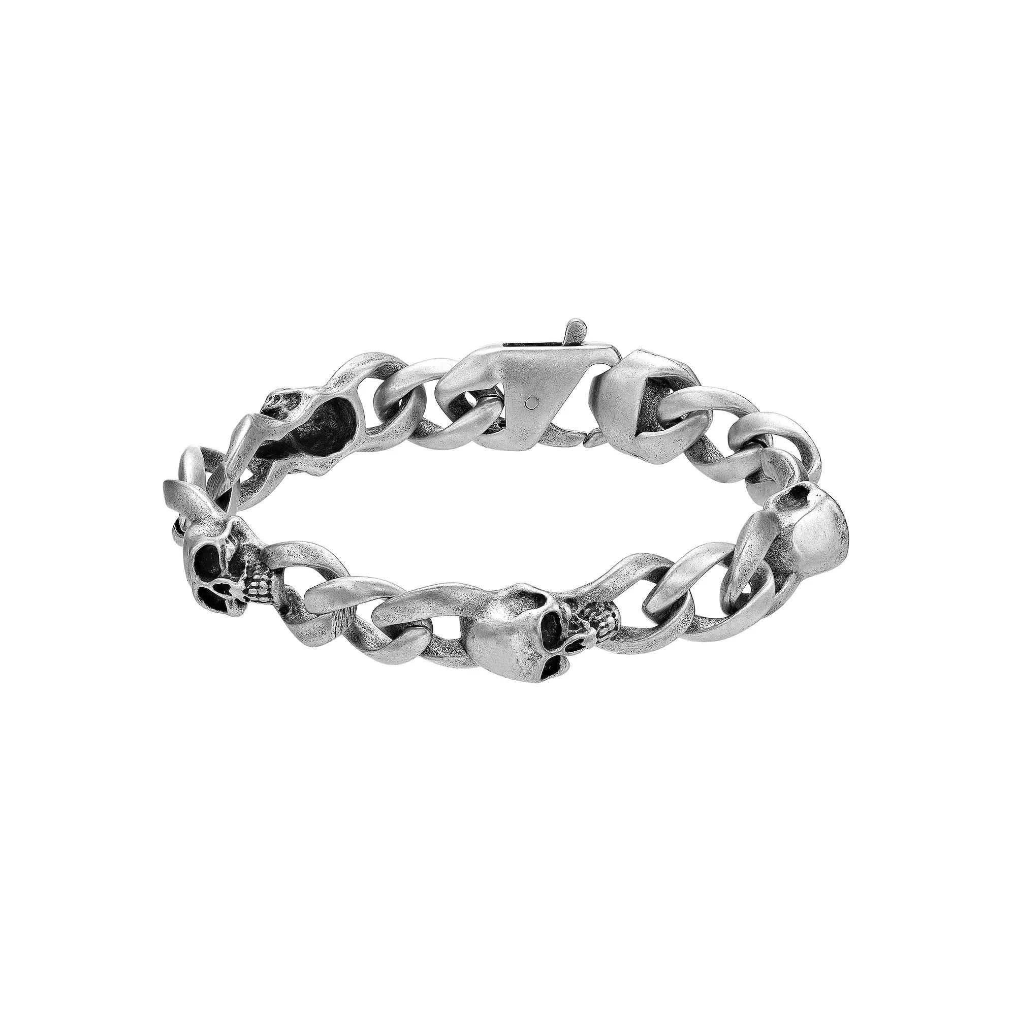 Men's LYNX Stainless Steel Antiqued Skull Bracelet, Size: 8.50, Grey Product Image