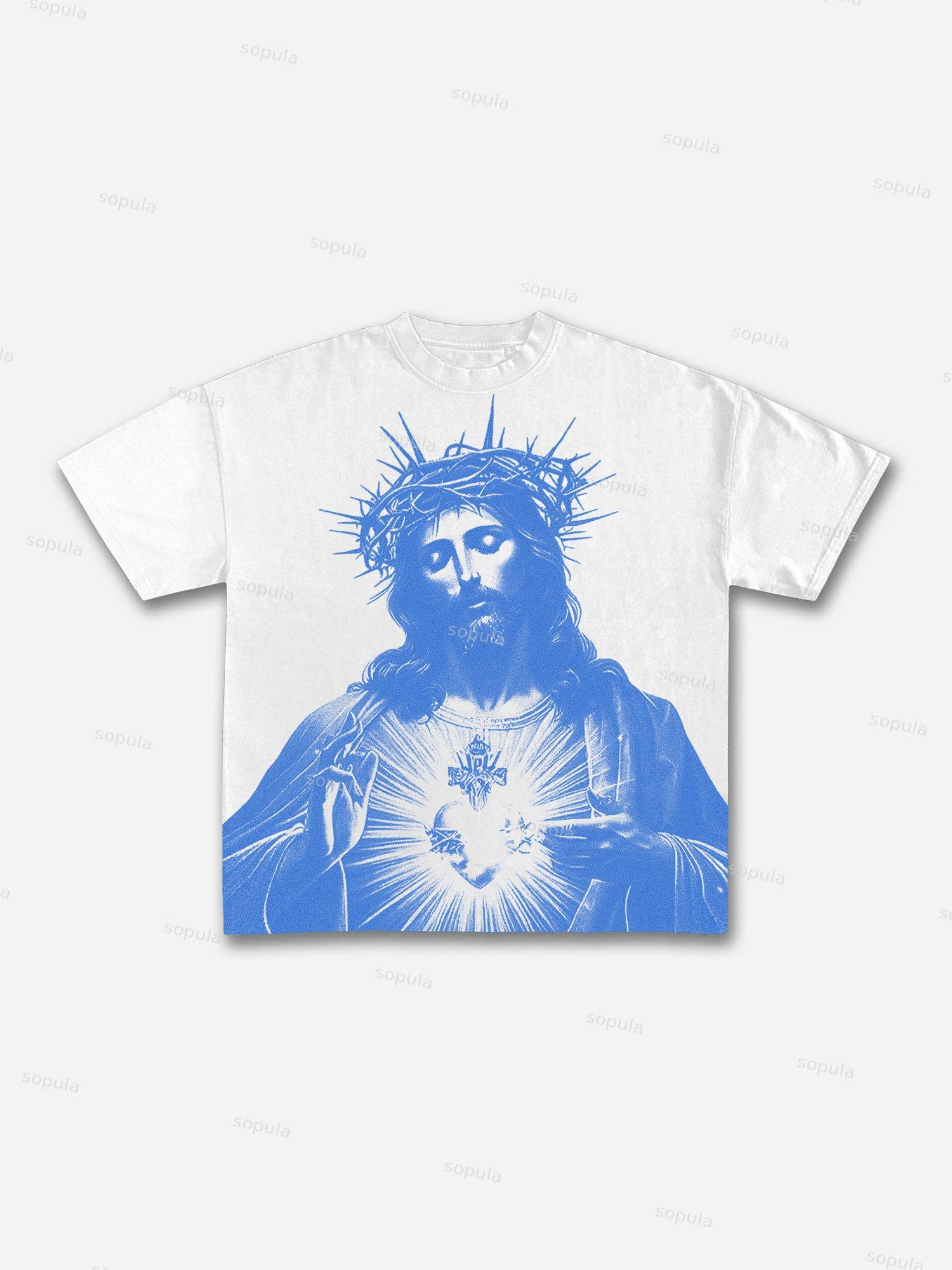 Vintage Jesus Print Round Neck Cotton T-Shirt Product Image