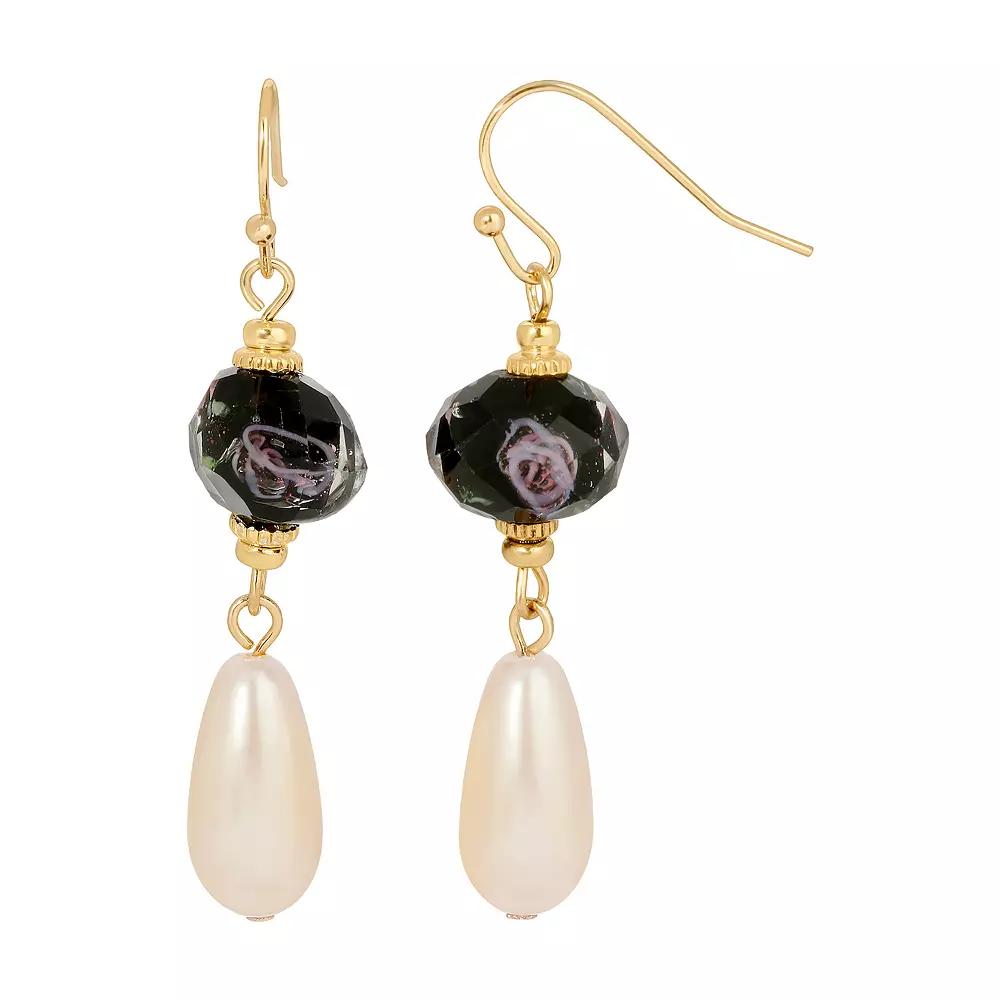 1928 Gold Tone Simulated Crystal and Pearl Drop Earrings, Women's, Black Product Image