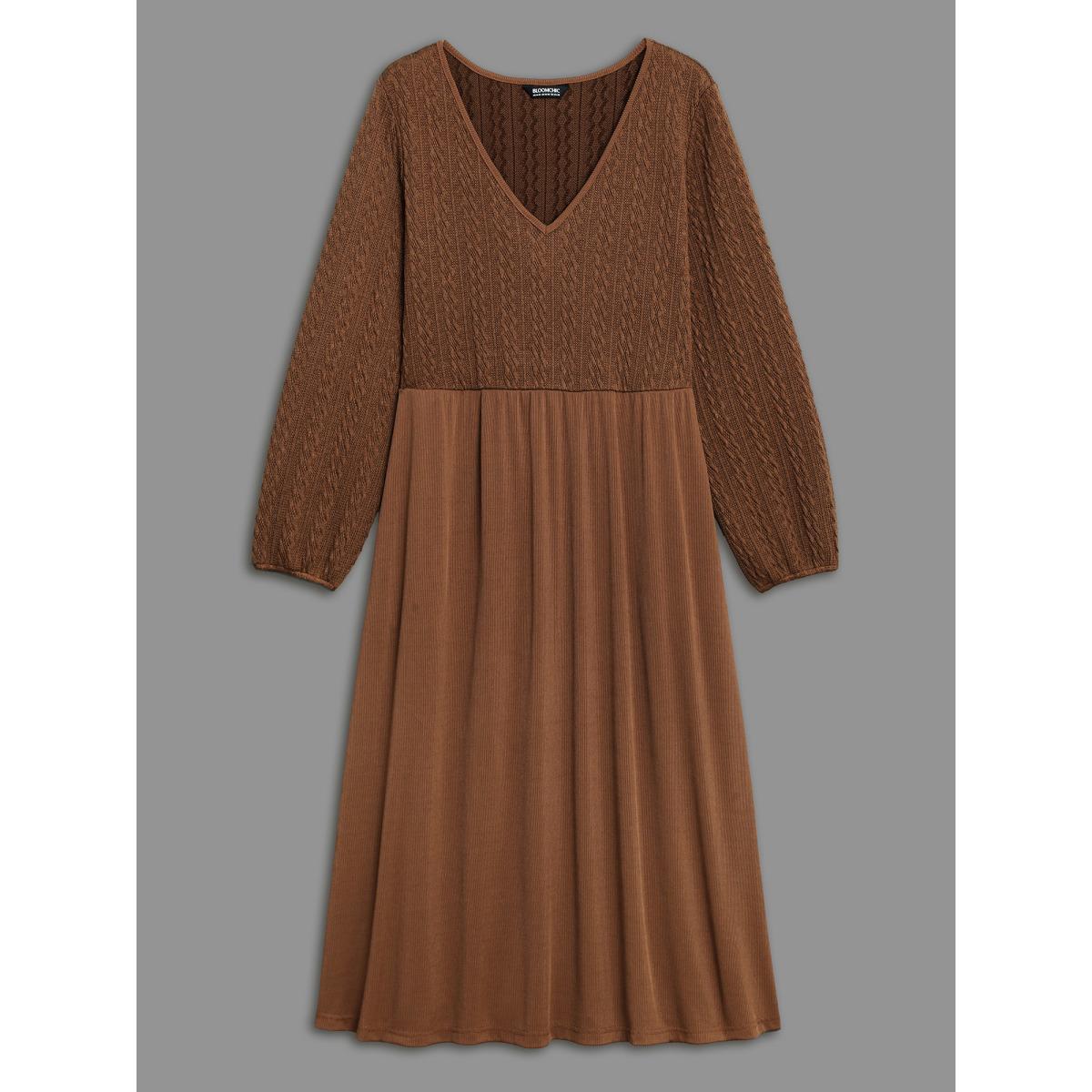 Plus Size V Neck Textured Patchwork Knit Dress Browncoffeecolor Women Casual Texture Knit Dresses Bloomchic 14-16/1X Product Image