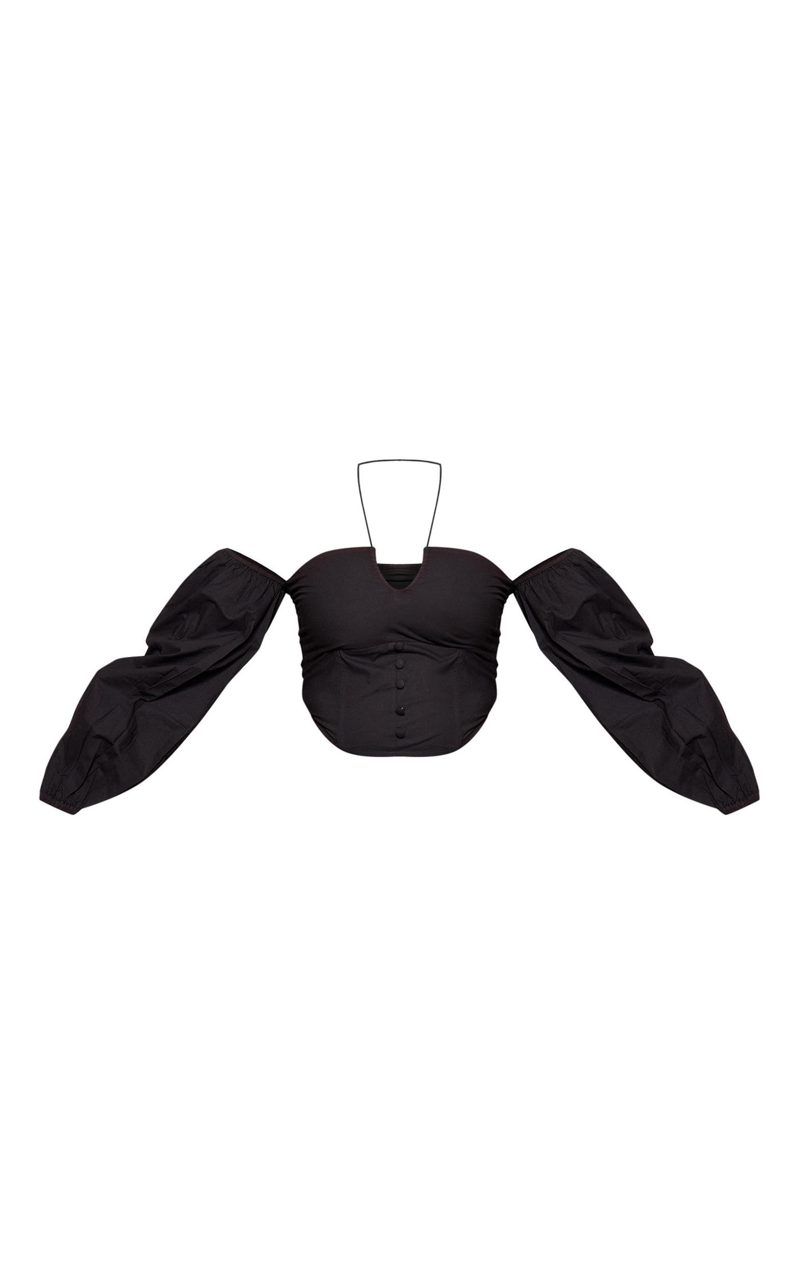 Black Poplin Elastic Halter Bardot Top Product Image