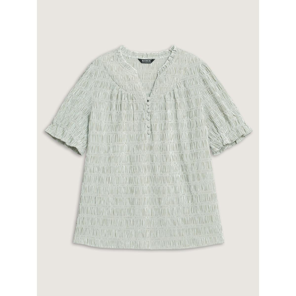 Plus Size Greenbean Cotton Half-Open Striped Solid Blouse Women Office Short sleeve Flat collar with V-notch Office Blouses BloomChic 22-24/3X Product Image