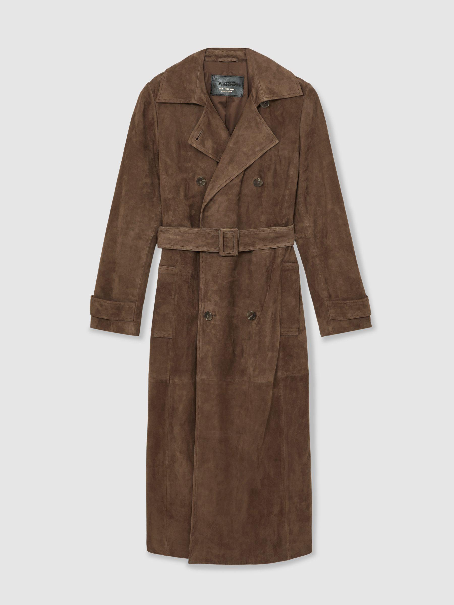 Suede Belted Trench Coat in Taupe Neutral Product Image