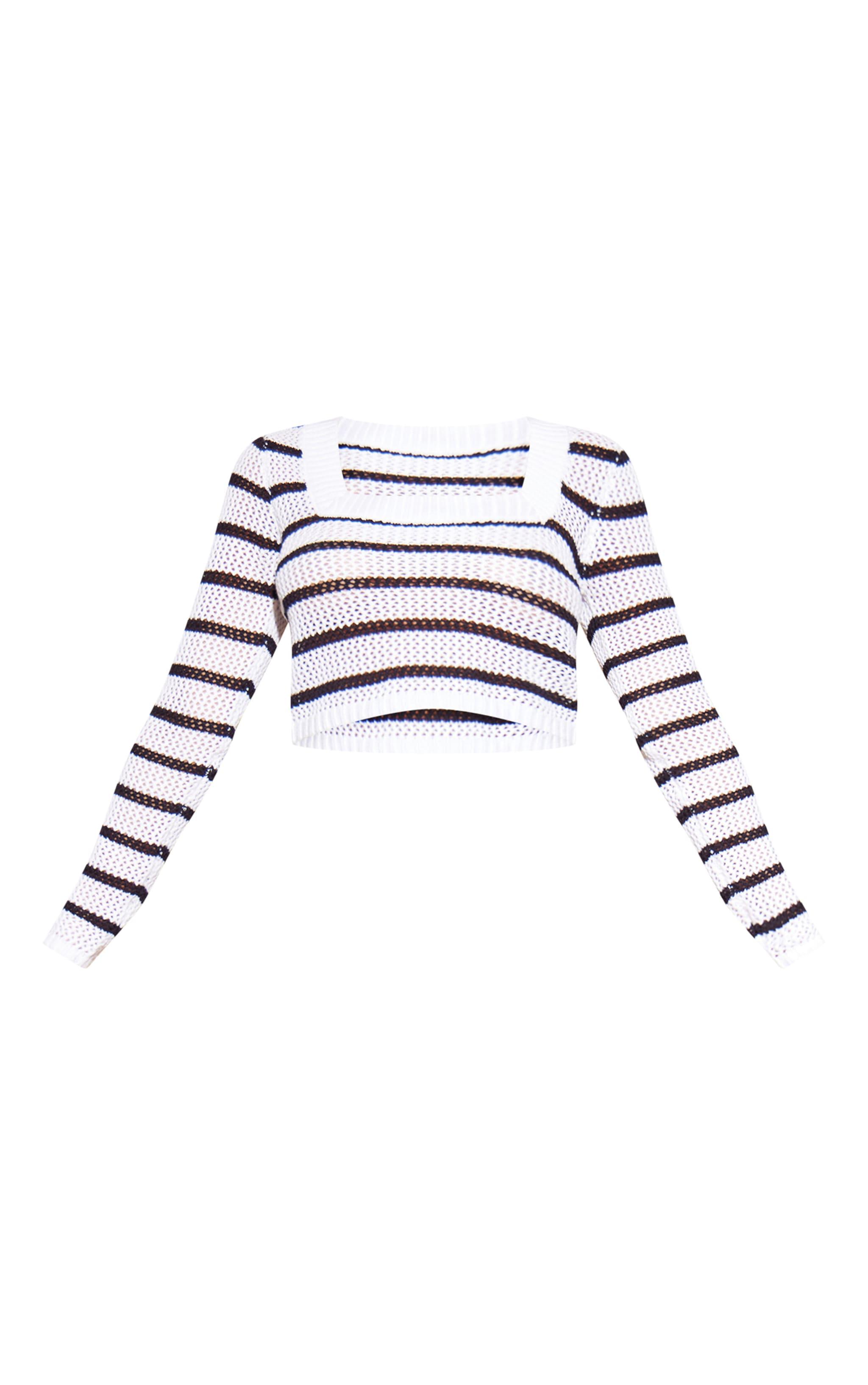 Monochrome Stripe Crochet Knit Square Neck Long Sleeve Top Product Image