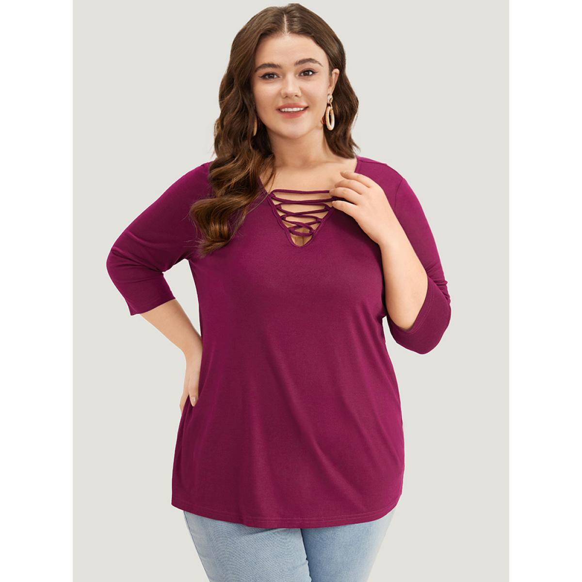 Plus Size Solid Crisscross Three Quater Length Sleeve Deep V Neck T-shirt Burgundy Women Casual Plain Plain Deep V-neck Dailywear T-shirts BloomChic 10/M Product Image