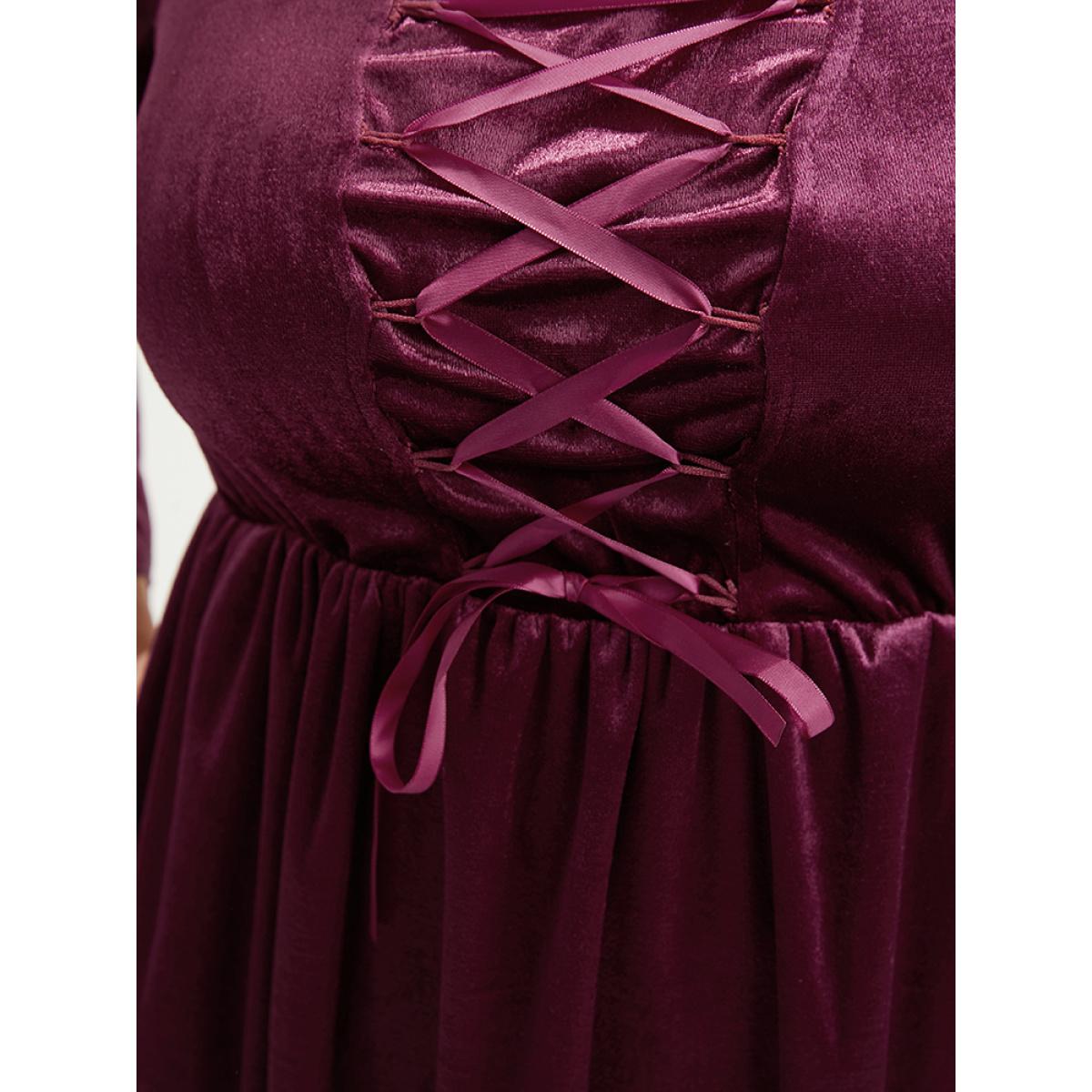 Plus Size Halloween Solid Velvet Bell Sleeve Pocket Contrast Lace Ties Midi Dress Burgundy Women Party Ribbon Square Neck Elbow-length sleeve Curvy Midi Dress BloomChic 22-24/3X Product Image