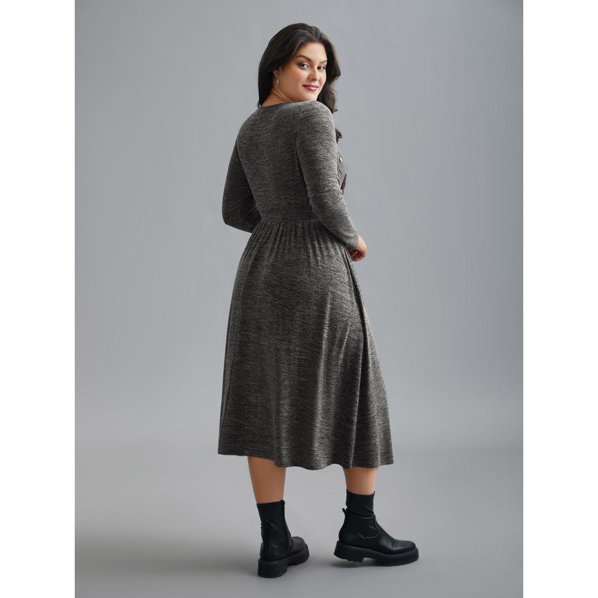 Plus Size Heart Neckline Button Detailing Crossover Fit Dress DimGray Women Casual Gathered Knit Dresses Bloomchic 22-24/3X Product Image