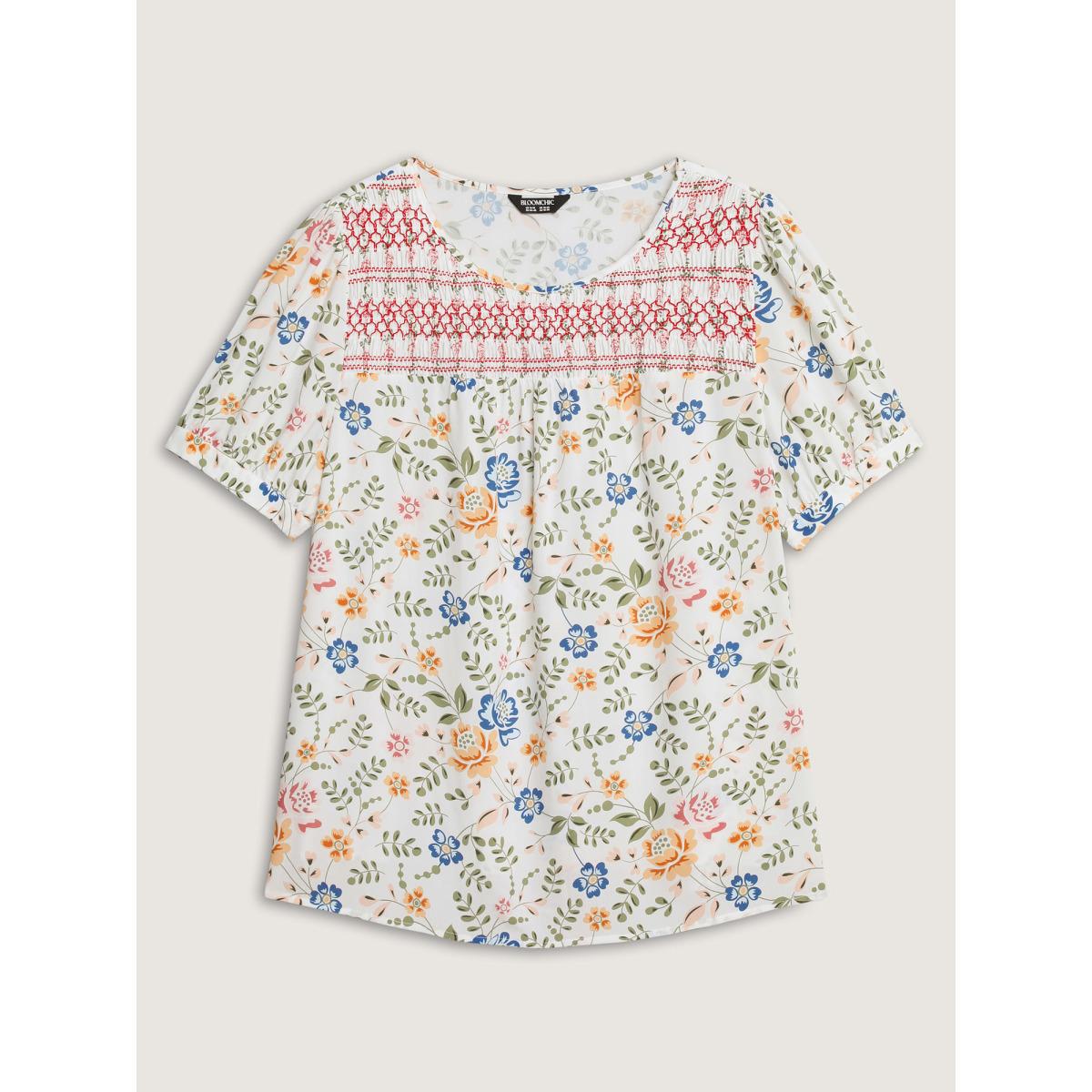 Plus Size Multicolor Floral Print Shirred Neck Blouse Women Short sleeve Round Neck Everyday-Elegant Blouses BloomChic 14-16/1X Product Image