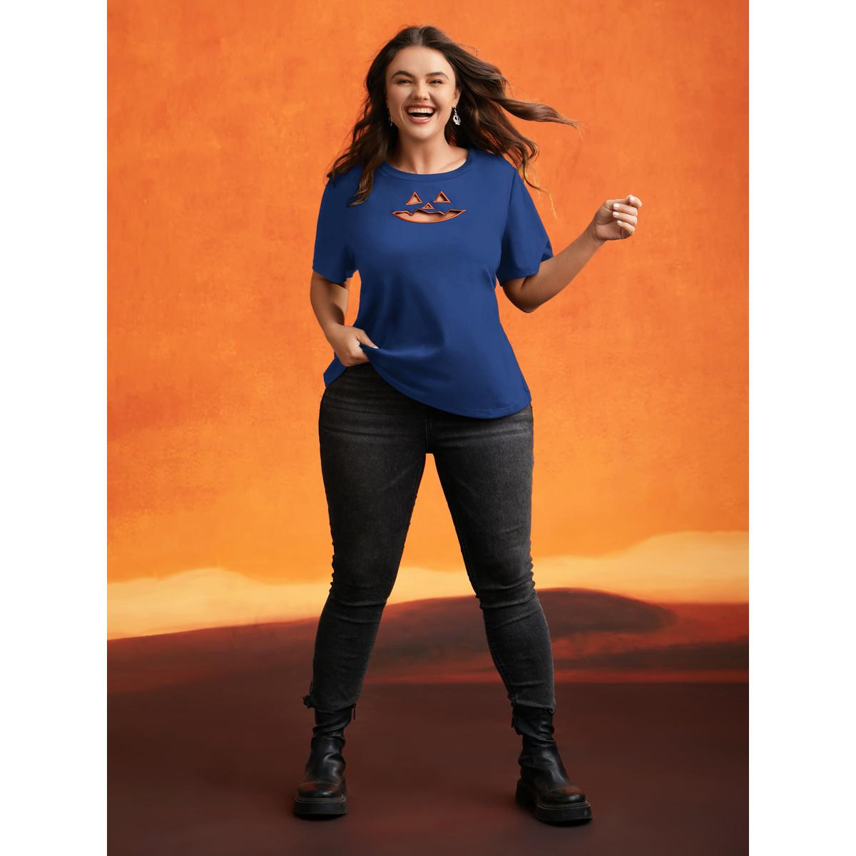 Plus Size Jack-O-Lantern Neck Hollow Embroidered T-shirt RedViolet Women Playful Cut-Out Halloween Round Neck Casual T-shirts BloomChic 14-16/1X Product Image