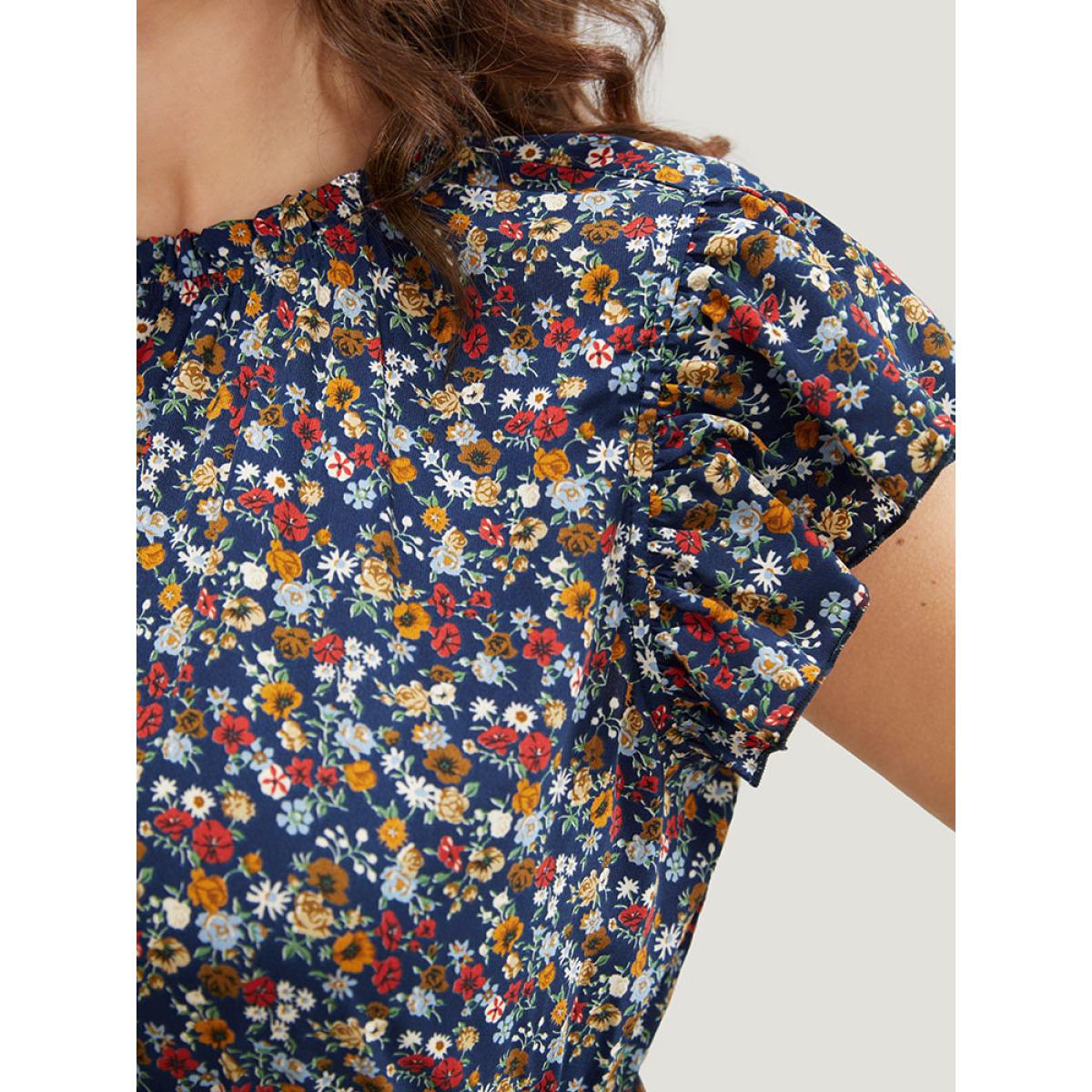 Plus Size Ditsy Floral Ruffle Sleeve Pocket Frill Trim Mock Neck Dress DarkBlue Women Elegant Pocket Mock Neck Half Sleeve Curvy Midi Dress BloomChic 12/L Product Image