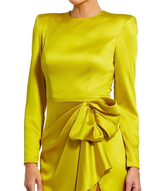 Mac Duggal Long Sleeve Crew Neck Ruched Waist Draped Bow Thigh High Slit Satin A-Line Gown Product Image
