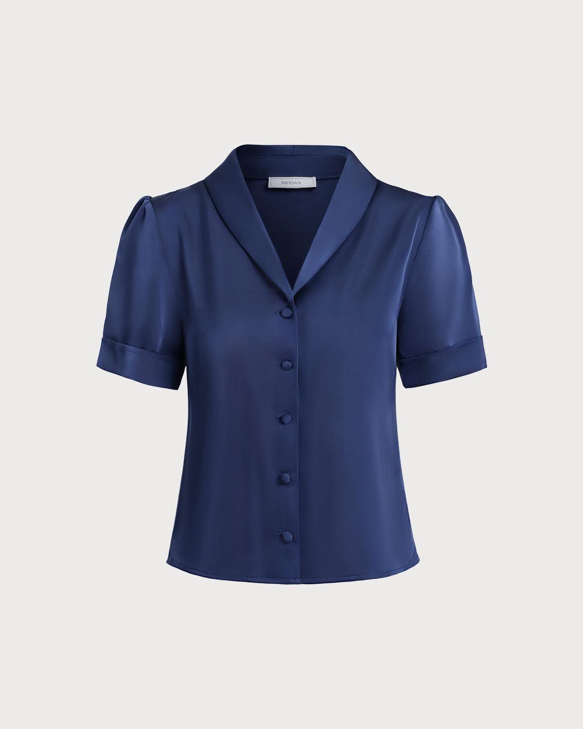 Navy Satin Button Blouse Product Image