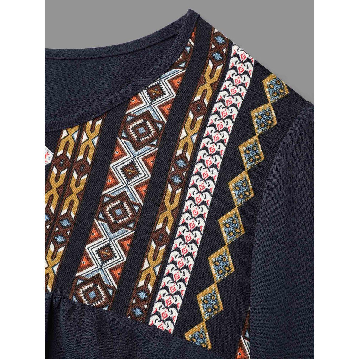 Plus Size Indigo Bandana Print Patchwork Ties Blouse Women Resort Long Sleeve Non Vacation Blouses BloomChic 18-20/2X Product Image