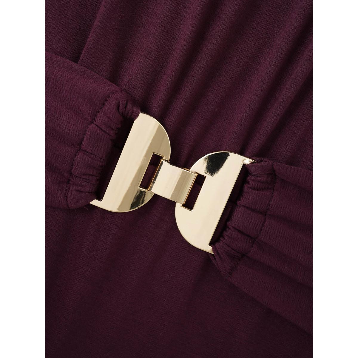 Plus Size Solid Metal Detail Midi Dress Deeppurplered Women Casual Belted V-neck Long Sleeve Curvy BloomChic 30/6X Product Image