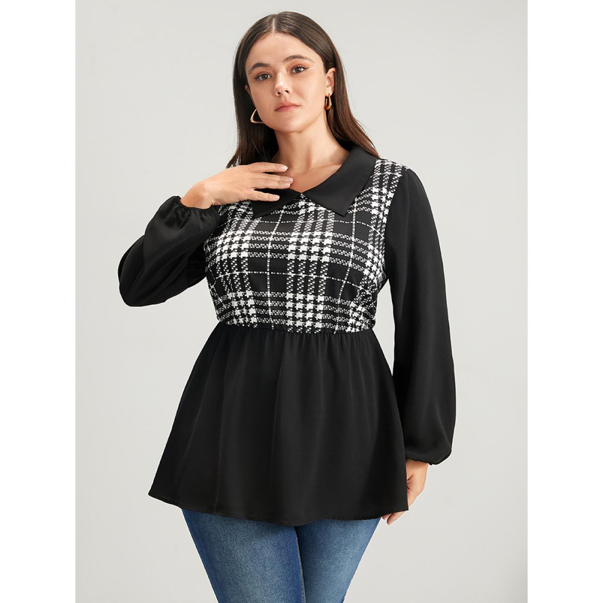 Plus Size Black Plaid Patchwork Lantern Sleeve Ruffle Hem Blouse Women Office Long Sleeve Lapel Collar Work Blouses BloomChic 14-16/1X Product Image