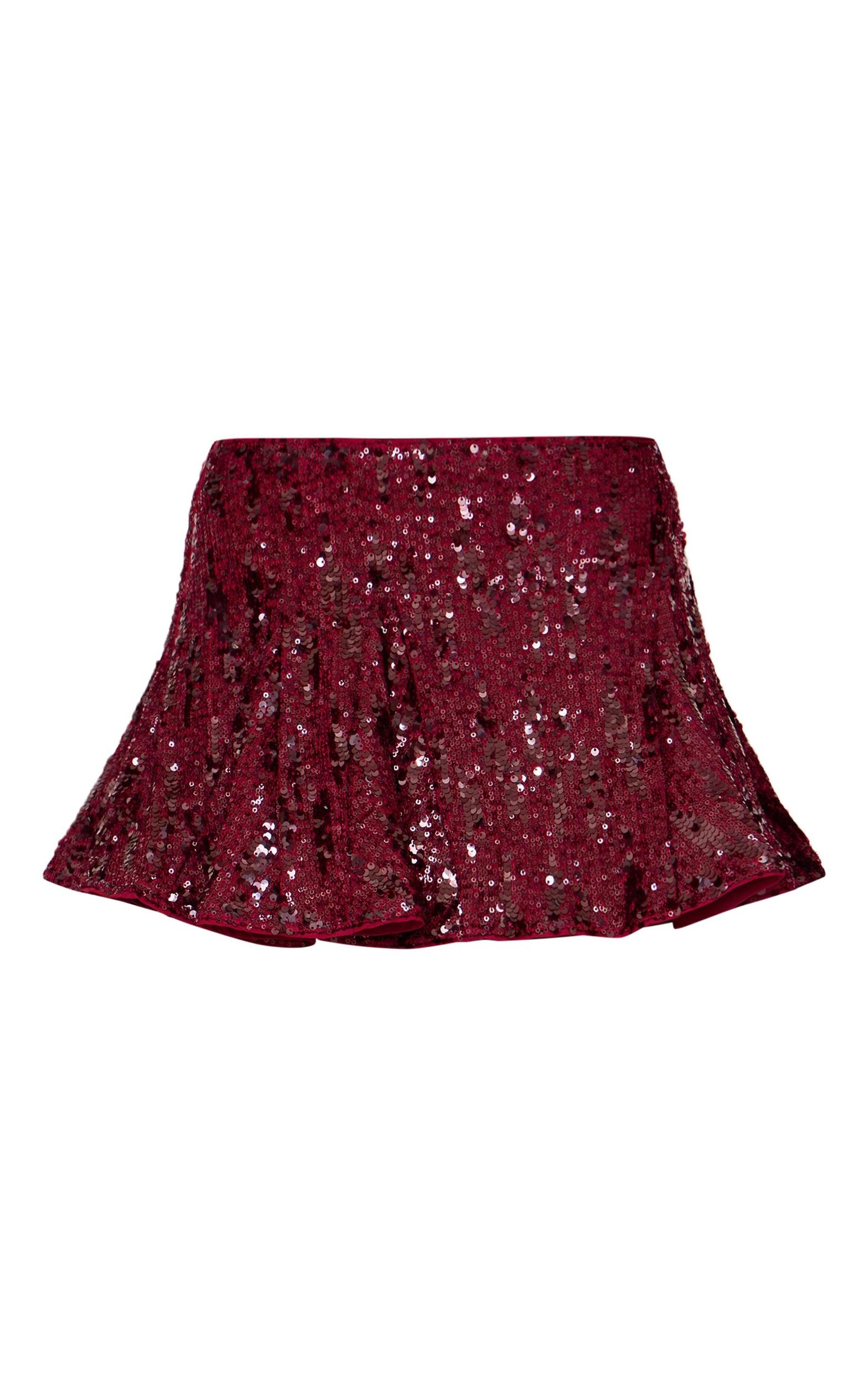 Burgundy Premium Extreme Sequin Pleated Skater Skirt Product Image